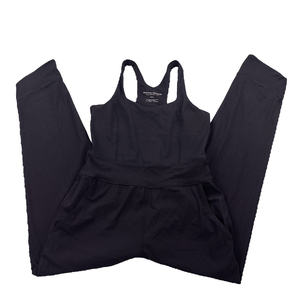Spiritual Gangster Black Racerback Ribbed Jogger Jumpsuit Small Pocketed Yoga